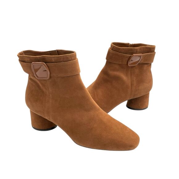 Alex Marie NWOB Paxton Tan Suede Leather Square Toe Cylinder Heel Booties - Picture 1 of 12
